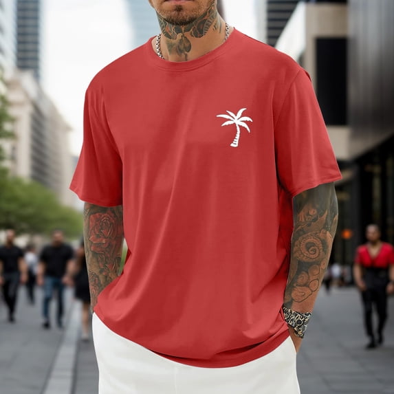 Mens Tshirts Tropical Print Summer Short Sleeve Loose Fit T-Shirts Classic Beach Vacation Relaxed Fit Men's Shirts Red XS