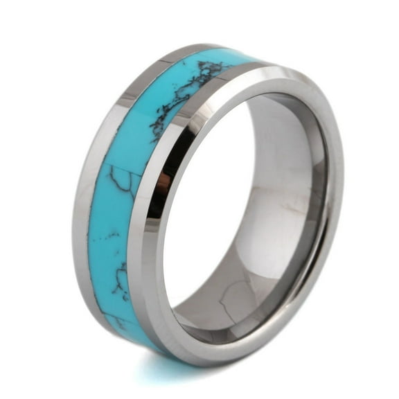 Mens Tungsten Carbide Ring with Blue Stone Inlay  Wedding Engagement Band 8mm Comfort Fit