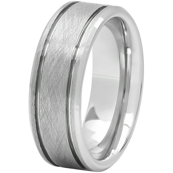 Mens Tungsten Frozen Finish Grooved Wedding Band - Mens Ring