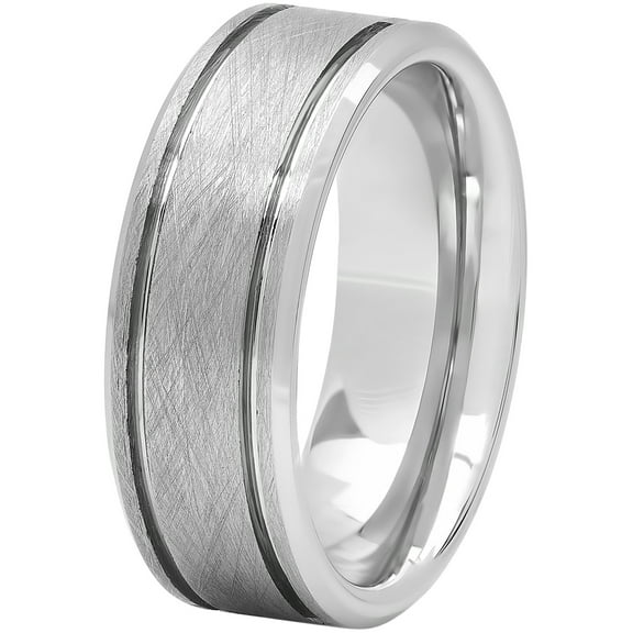 Mens Tungsten Frozen Finish Grooved Wedding Band - Mens Ring