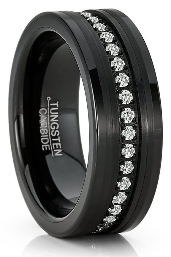 Mens Tungsten Ring Black Eternity Wedding Band Cubic-Zirconia Comfort-fit 8mm