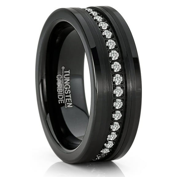 Metal Masters Mens Tungsten Ring Black Eternity Wedding Band Cubic-Zirconia Comfort-fit 8mm