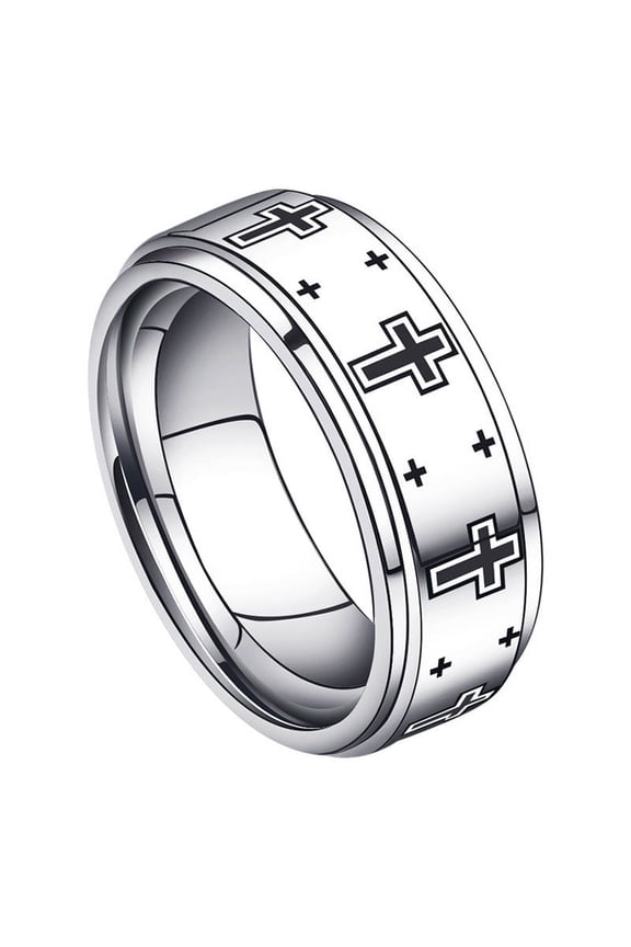 Men's Tungsten Ring Polished Silver Tone Ring with Gold Cross Design Individually Packed Band Korean Fashion Jewelry Ring 8mm Wide Ring for Him