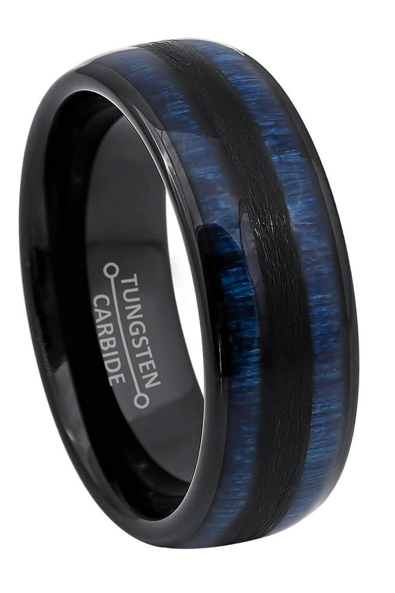 Mens Tungsten Wedding Band with Exotic Blue Wood Inlay - Black Dome Tungsten Carbide Ring - Anniversary Band - TN870s11