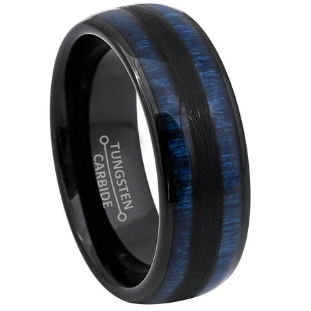 Mens Tungsten Wedding Band with Exotic Blue Wood Inlay - Black Dome Tungsten Carbide Ring - Anniversary Band - TN870s13