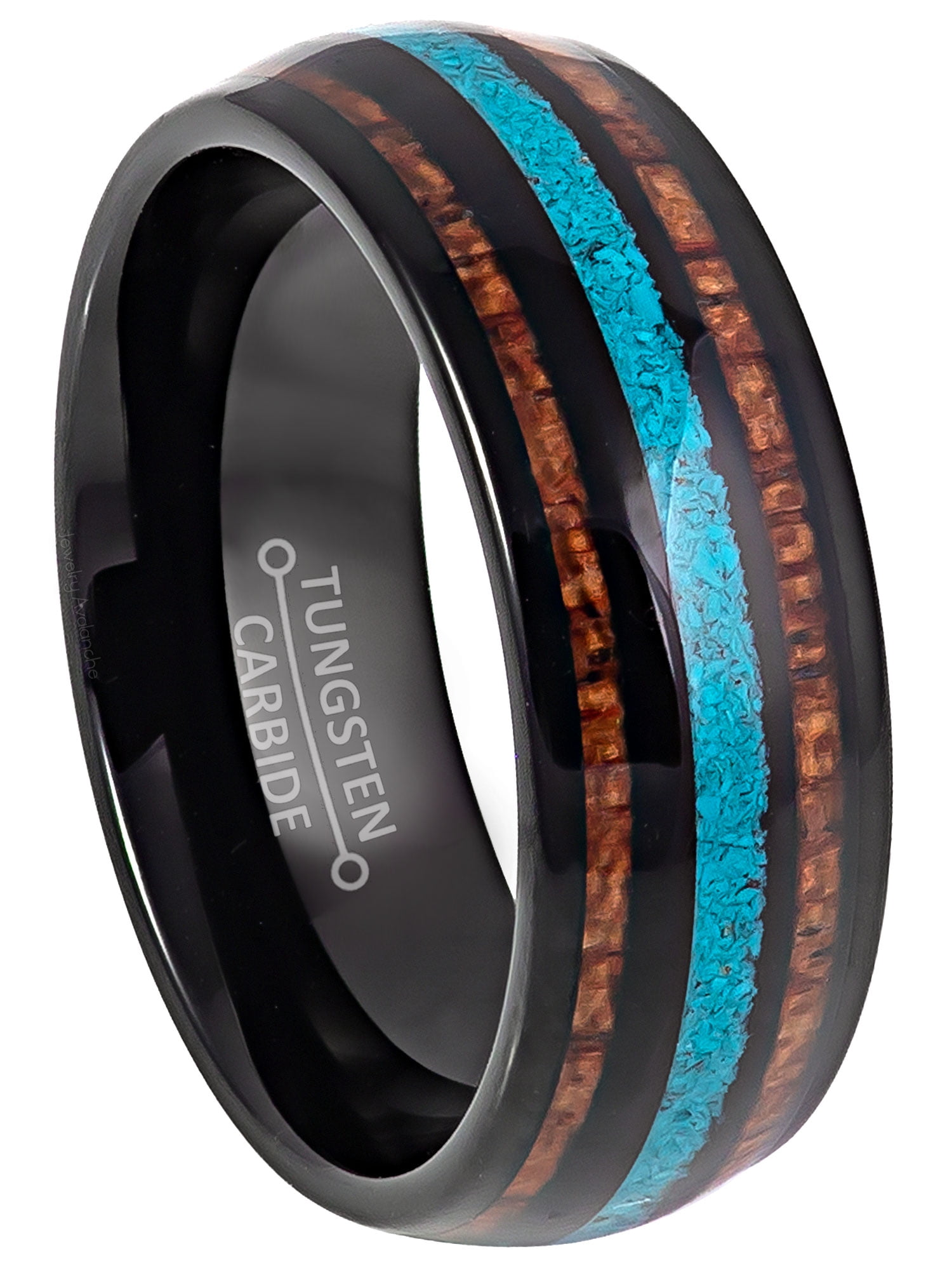 Mens Tungsten Wedding Band with Turquoise & Koa Wood Inlay Black Dome