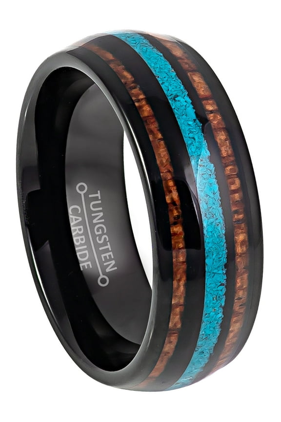 Mens Tungsten Wedding Band with Turquoise & Koa Wood Inlay - Black Dome Tungsten Carbide Ring - Anniversary Band - TN827s9