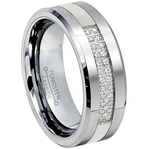 Jewelry Avalanche 2-Row CZ Mens Tungsten Carbide Wedding Ring, Low-Beveled, Comfort-fit, 8mm Anniversary Band