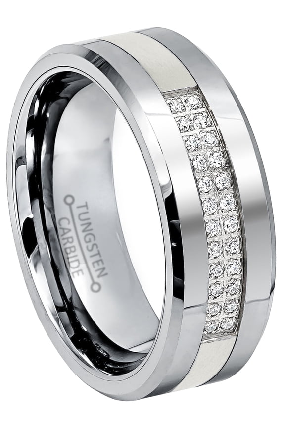 2-Row CZ Mens Tungsten Carbide Wedding Ring, Low-Beveled, Comfort-fit, 8mm Anniversary Band