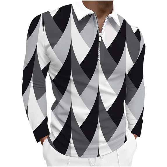 Mens Turndown Half Zipper Colorful Digital Print Long Sleeve Blouse