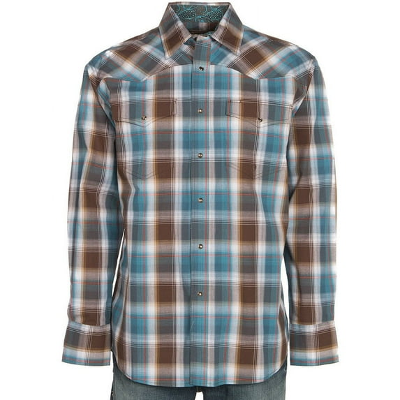 Mens Turquoise/Brown Plaid Long Sleeve Shirt