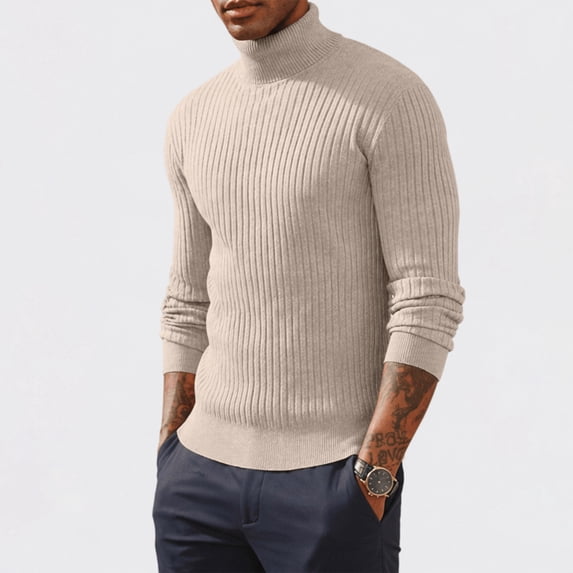 Mens Turtleneck Cable Knit Sweater Solid Color Long Sleeve Knit Pullover Fall Winter Warm Loose Fit Casual Knit Jumper Tops Beige 2XL