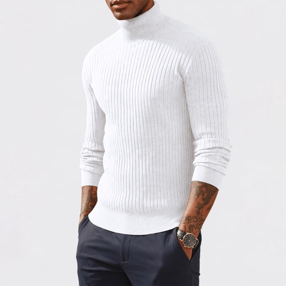 Mens Turtleneck Cable Knit Sweater Solid Color Long Sleeve Knit Pullover Fall Winter Warm Loose Fit Casual Knit Jumper Tops White 3XL