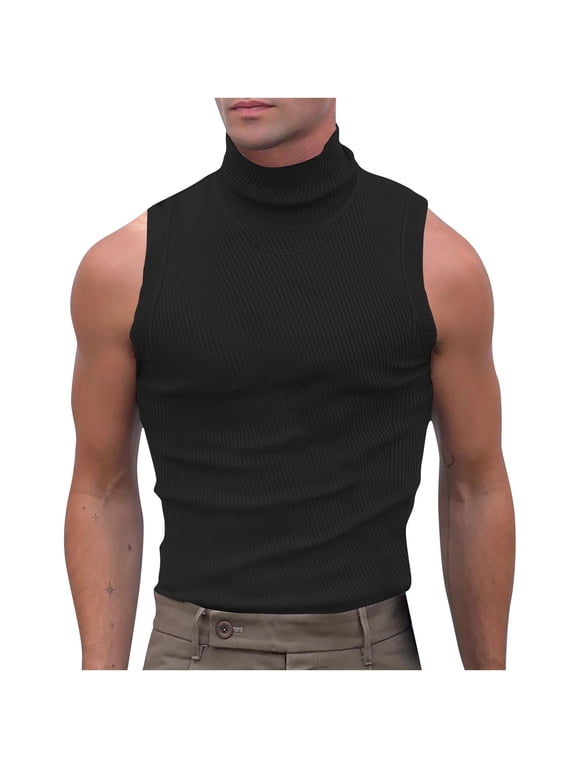 Mens Turtleneck Sleeveless T-Shirts Solid Slim Fit Tank Tops Lightweight Breathable Fashion Party Tee Shirts