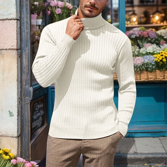 Mens Turtleneck Sweater Solid Color Loose Fit Warm Knit Pullover Casual Business Top for Fall Winter Soft Classic Knitwear for Cold Weather