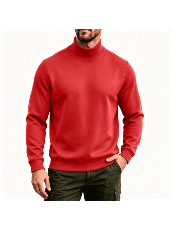 Mens Turtleneck Sweatshirt Casual Long Sleeve Warm Regular Fit Fall Winter Pullover Tops Red L