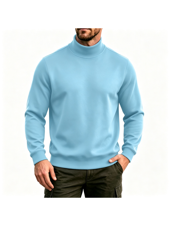 Mens Turtleneck Sweatshirt Warm Regular Fit Casual Long Sleeve Fall Winter Pullover Tops Light Blue 3XL