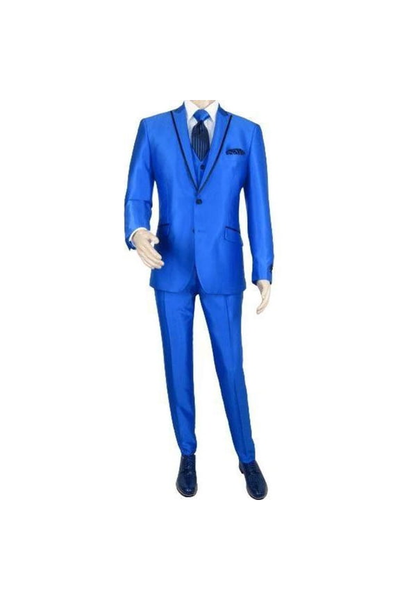 Mens Tuxedo Formal Suit ROYAL DIAMOND Slim Fit 3Pc Vested shiny Satin SL83 Blue