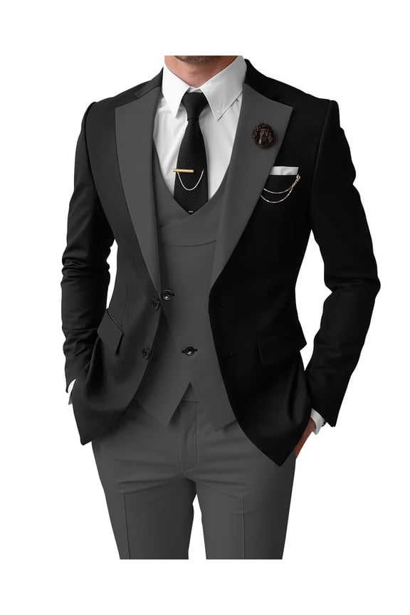 Mens Tuxedo Slim Fit 3 Piece Suits Formal Dark Grey Suits for Men Wedding Business Elegant Size S
