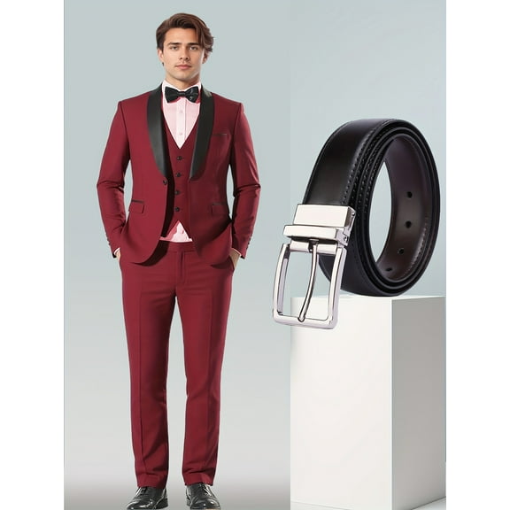 Mens Tuxedo Slim Fit Wedding Suits for Groom Groomsmen, Dinner Jacket Vest Pants Body Smooth Buckle Belt Set for Men, 4pcs Slim Fit Suit Elegant Classic Business Meeting Prom Dail