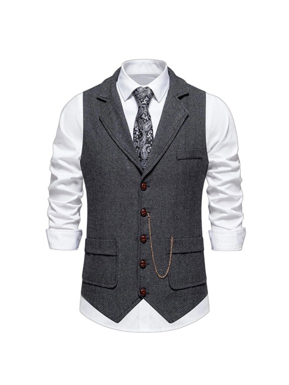 Mens Tweed Vest Retro Lapel Chain Waistcoat Formal Suit Gilet Business Casual Sleeveless Jacket for Office Party Wedding Dark Gray XL