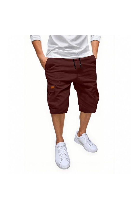 Mens Twill Cotton 3/4 Cargo Shorts Below Knee Length Casual Elastic Waist Short Pants Summer Capri Basic Office Workwear Big And Tall