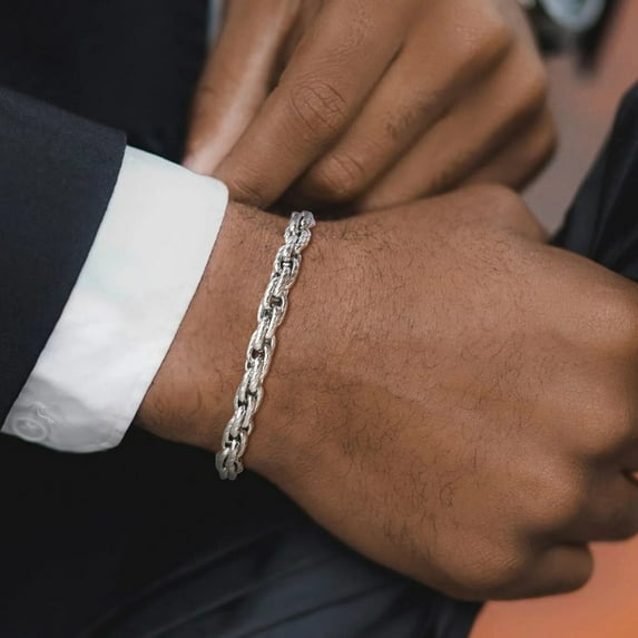 Mens Twist Braided Bracelets,Black Silver Color 14K White Gold Chain Links Wristband,Rock Punk Male Jewelry Gifts