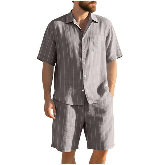 Mens Two Piece Linen Striped Print Sets Casual Button Down Short Sleeve Golf Shirt and Shorts Beach Outfits
