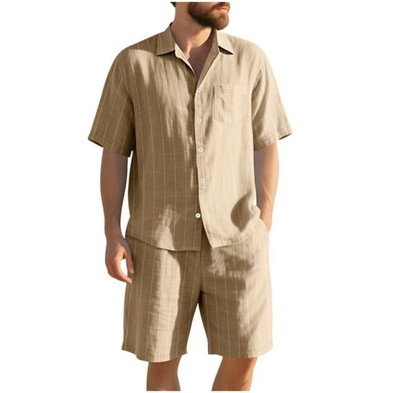 Mens Two Piece Linen Striped Print Sets Casual Button Down Short Sleeve Golf Shirt and Shorts Beach Outfits