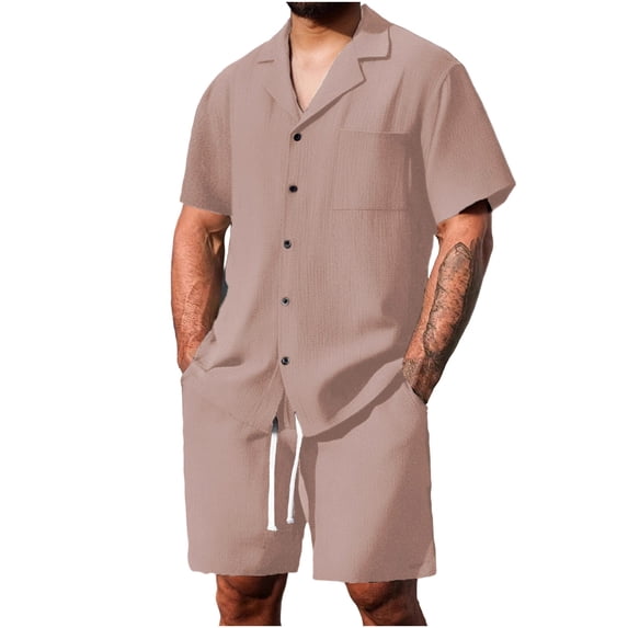 Mens Two Piece Sets Button Down V Neck Short Sleeve Tops and Drawstring Elastic Waist Shorts Athletic Lounge Outfit Set with Pocket