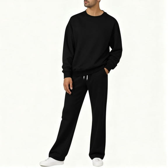 Mens Two-Piece-Sets Plain Classic Pullover Sweater Blouses Flannel Warm Long Sleeve Sweatshirt Business Casual Baggy Stretchy Wide Leg Sweatpants Lace-Up Elastic Waist Pants with Pockets
