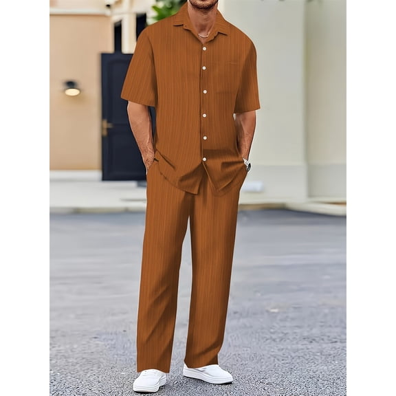 Mens Two Piece Shirt & Trousers Set Short Sleeve Crinkle Elasticated Smart Top & Bottom Summer Beach Outfits Brown L