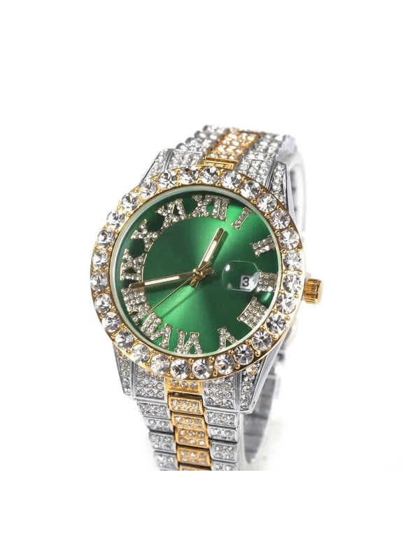 Mens Two Tone Gold Finish Solitaire Simulated Diamond Stainless Steel Iced Out Hip Hop Roman Numeral Custom Waterproof Quartz Watch 42mm