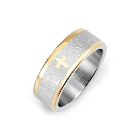 Mens Two Tone Stainless Steel Lord's Prayer Ring, Ring Size 10