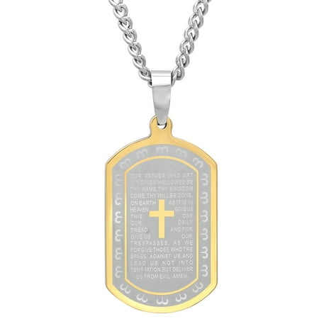Mens Two-Tone Stainless Steel The Lord's Prayer Dog Tag Pendant Necklace