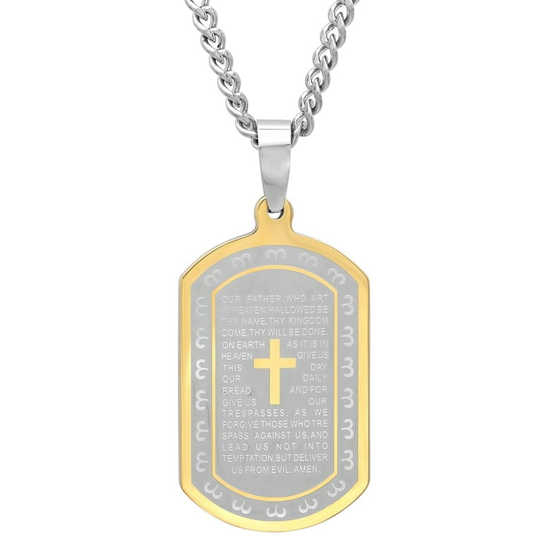 Mens Two Tone Stainless Steel The Lord s Prayer Dog Tag Pendant Necklace