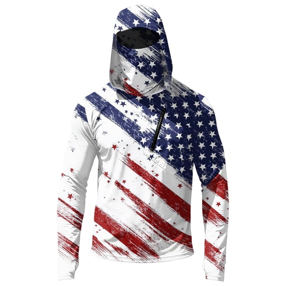 Mens UPF 50+ 250th Anniversary USA Flag Print Hoodie Long Sleeve UV Sun Protection Hiking Running Rash Guard Shirt