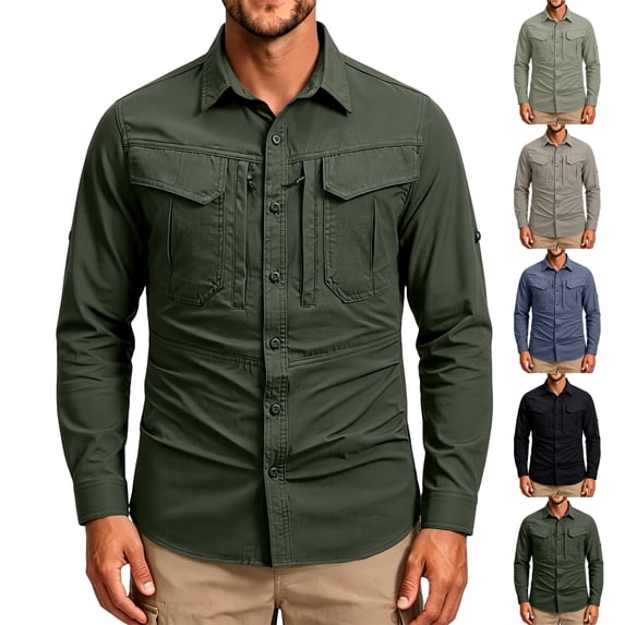 Mens UPF 50+ Long Sleeve Sun Protection Shirts Button Down Fashing Shirts Casual Quick Dry Outdoor Hiking Cargo Work Shirt with Hidden Zipper Pocket
