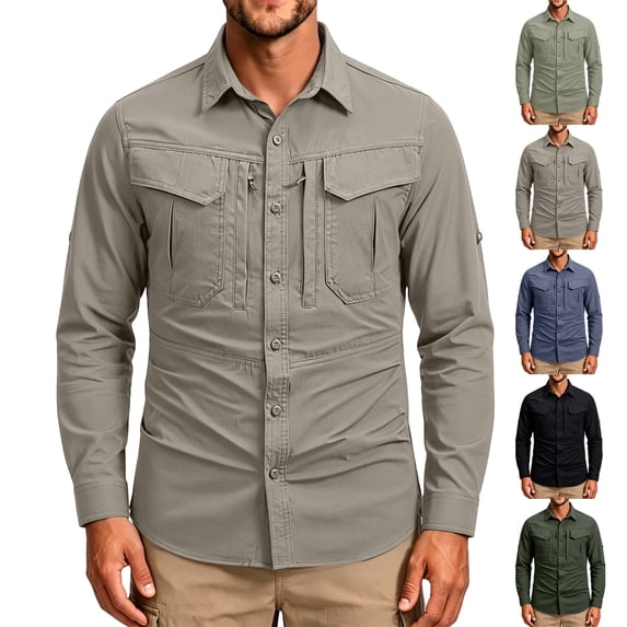 Mens UPF 50+ Long Sleeve Sun Protection Shirts Button Down Fashing Shirts Casual Quick Dry Outdoor Hiking Cargo Work Shirt with Hidden Zipper Pocket