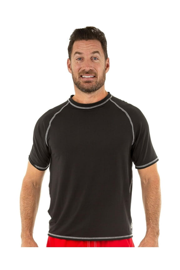 Mens UPF 50+ Rashguard Swim Tee Short Sleeve Running Shirt Swimwear Swim Shirts, Black, Size: 2X, Uzzi Active Wear