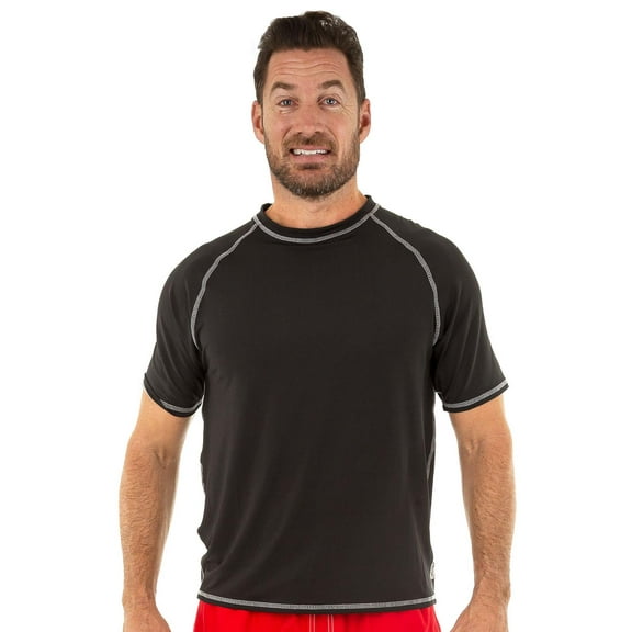 Mens UPF 50 Rashguard Swim Tee Short Sleeve Running Shirt Swimwear Swim Shirts, Black, Size: L, Uzzi Active Wear