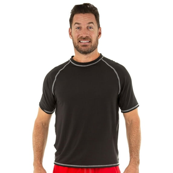Mens UPF 50+ Rashguard Swim Tee Short Sleeve Running Shirt Swimwear Swim Shirts, Black, Size: XL, Uzzi Active Wear