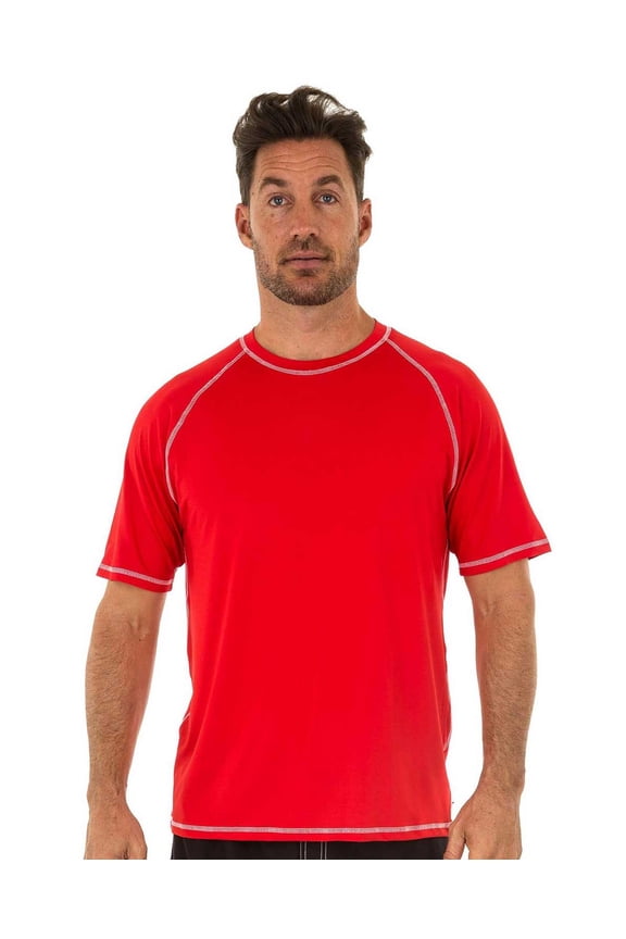 Mens UPF 50+ Rashguard Swim Tee Short Sleeve Running Shirt Swimwear Swim Shirts, Red, Size: XL, Uzzi Active Wear