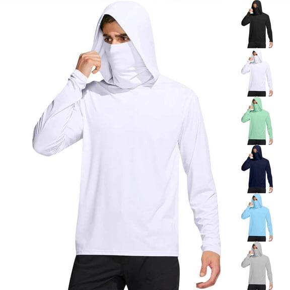 Mens UPF 50+ Sun Protection Hooded Shirt with Integrated Face Cover Long Sleeve Lightweight Rash Guard Shirts White M