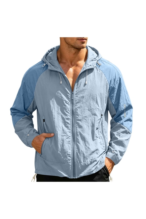 Mens UPF 50+ Sun Protection Jacket Hoodies Long Sleeve Zipper Lightweight Quick Dry Windbreaker Fashion Athletic Top with Pockets Light Blue 3 L