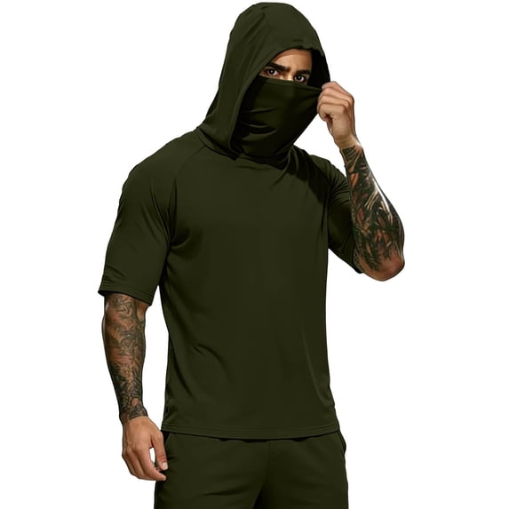 Mens UPF 50+ Sun Protection Shirts Hoodie with Mask Quick Dry Short Sleeve Lightweight Fishing Shirt Hiking Top Army Green 3XL