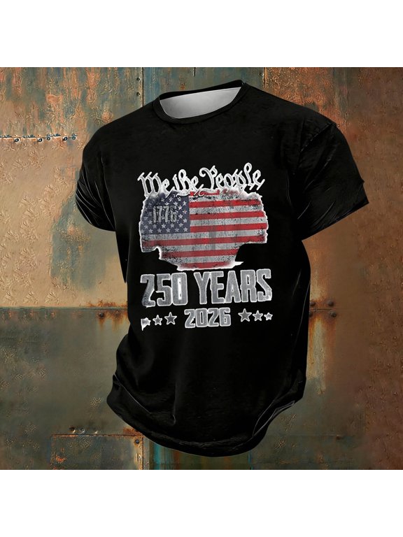 Mens US 250th Anniversary Graphic T Shirt American Patriotic Short Sleeve Crewneck Tee Commemorative Summer Top United States Flag Shirt L