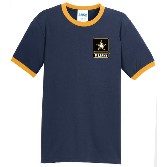 Mens US Army 100% Cotton Ringer Tee Shirt, Large Navy/Gold