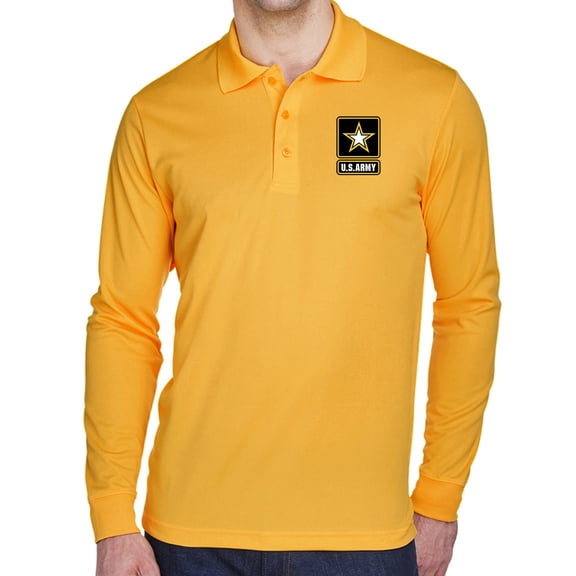 Mens US Army Logo Long Sleeve Polo Shirt - Gold, XL
