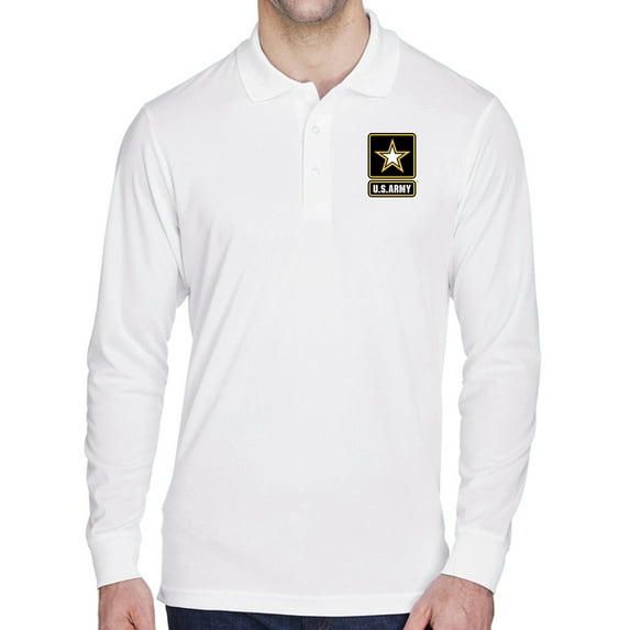 Mens US Army Logo Long Sleeve Polo Shirt - White, Small